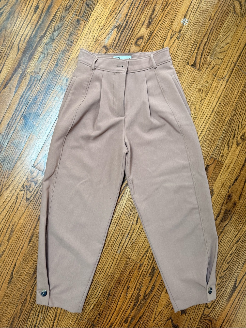 Zara Pleated Tapered Button Ankle Pants Champagne Taupe XS